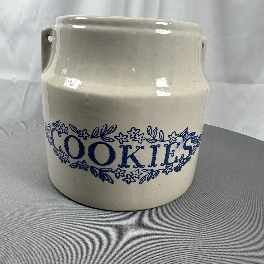 Vintage White Monmouth Pottery Stoneware Cookies cookie jar, Blue‎ Trim, No Lid